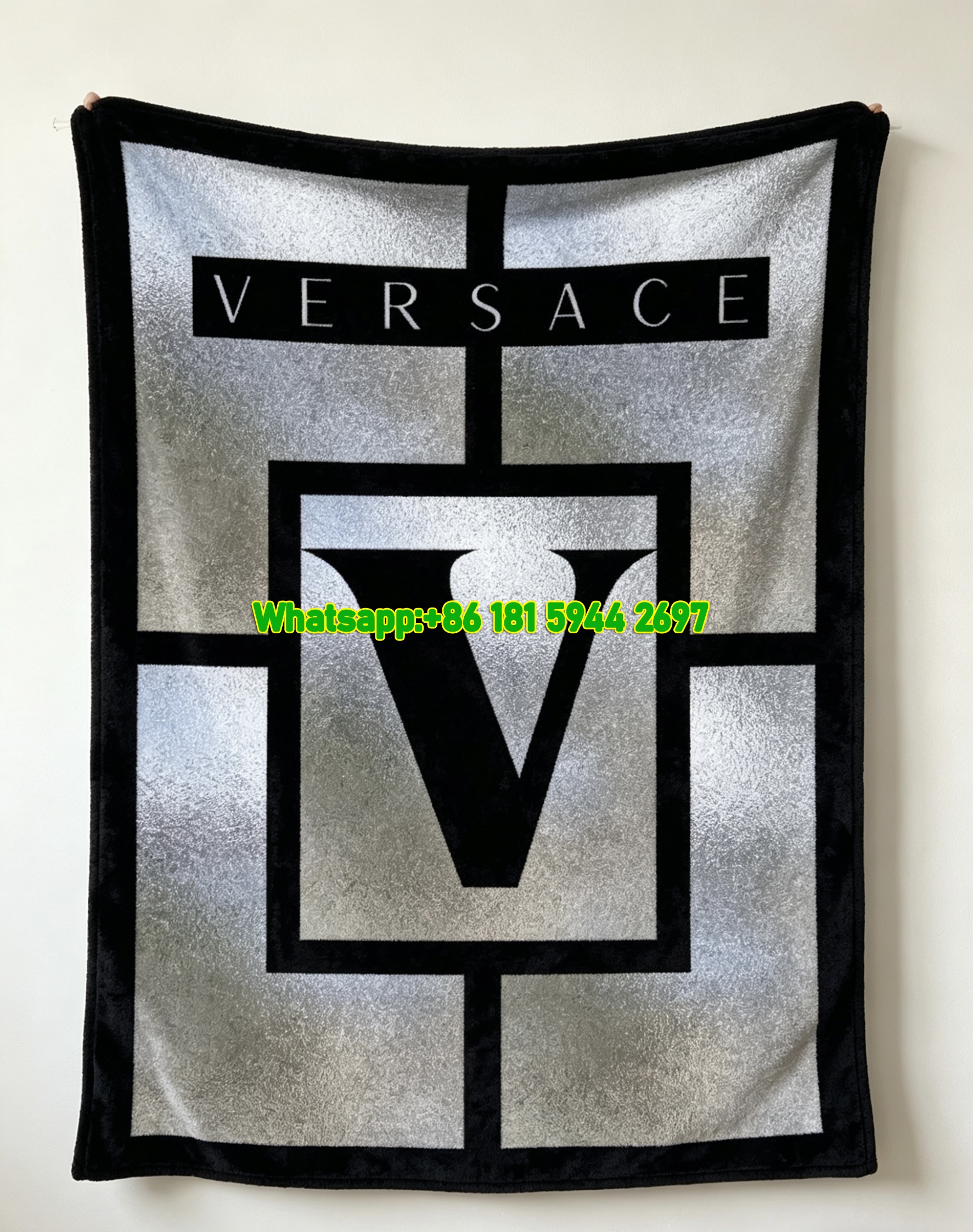 Silver Black and Grey Versace V Logo Geometric Fleece Throw Blanket IMG_1367